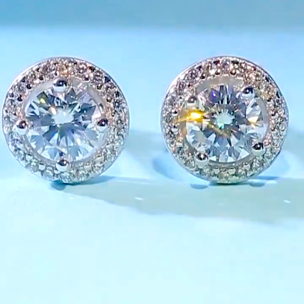 NEW Elegant Moissanite Halo Stud Earrings - 14k over 925 Sterling Silver 2ct